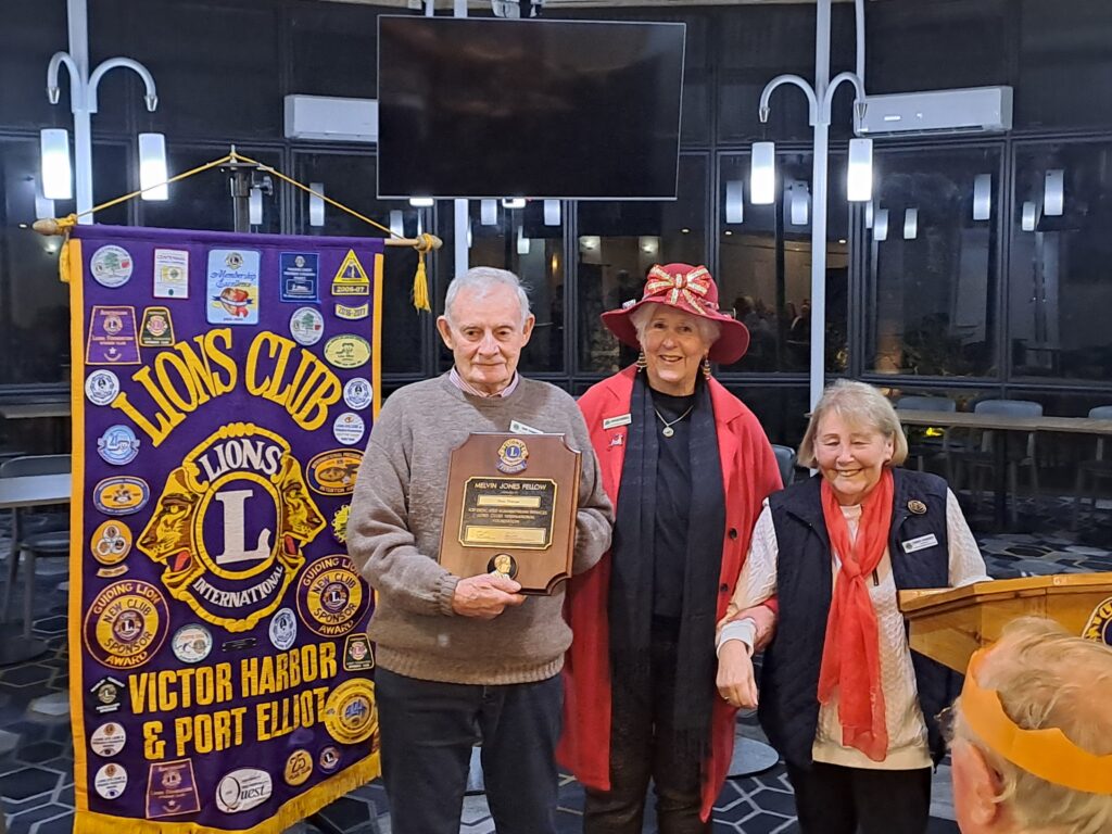 Don Thorpe being presented with the Melvin Jones Fellow Award with immediate past President Ashlea Farrell & the current President, Chris Ramsey.