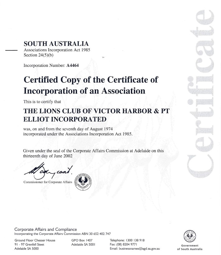 VHPE Lions Certificate of Incorporation